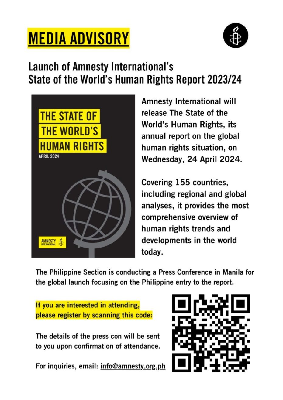 Amnesty International to Launch State of the World’s Human Rights Report&nbsp;2023/24